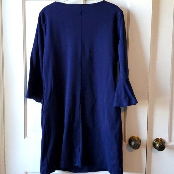 NY & COMPANY BLUE COTTON KNIT SHIFT DRESS SIZE MEDIUM POCKETS - Picture 3 of 10